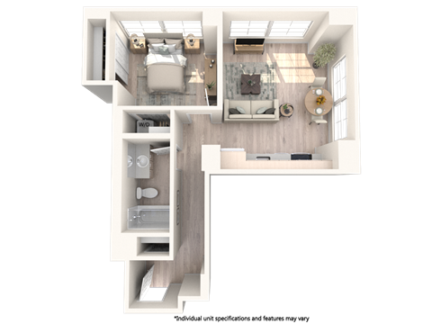 Floor plan for 1 bed, 1 bath, 623 sqft